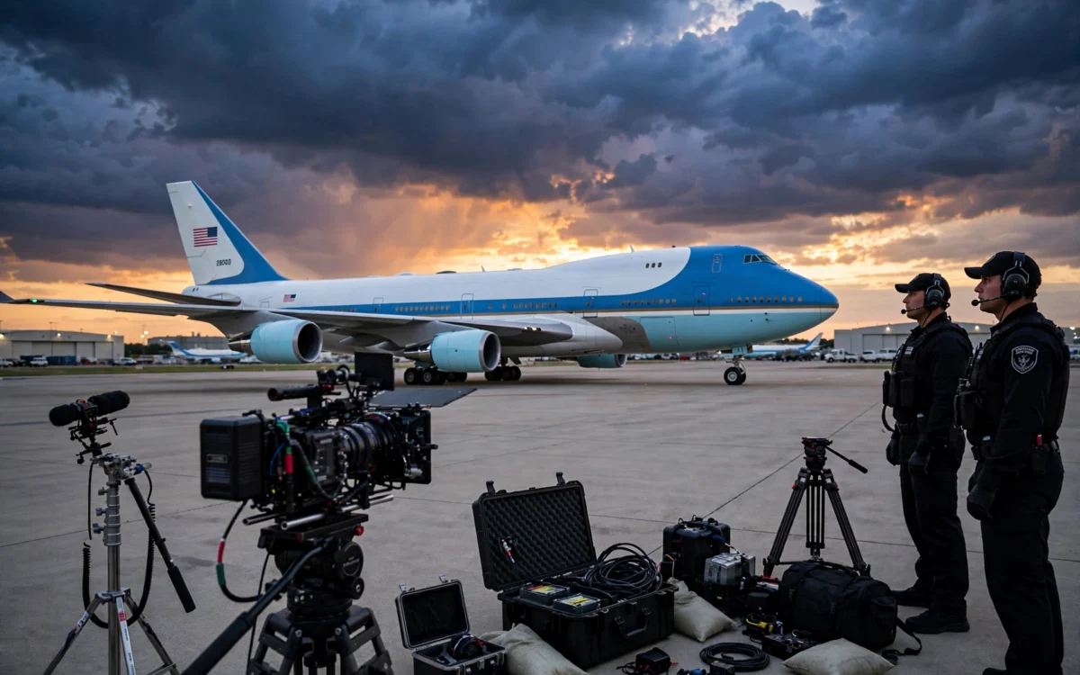 Air Force One on a tarmac with press equipment at dusk