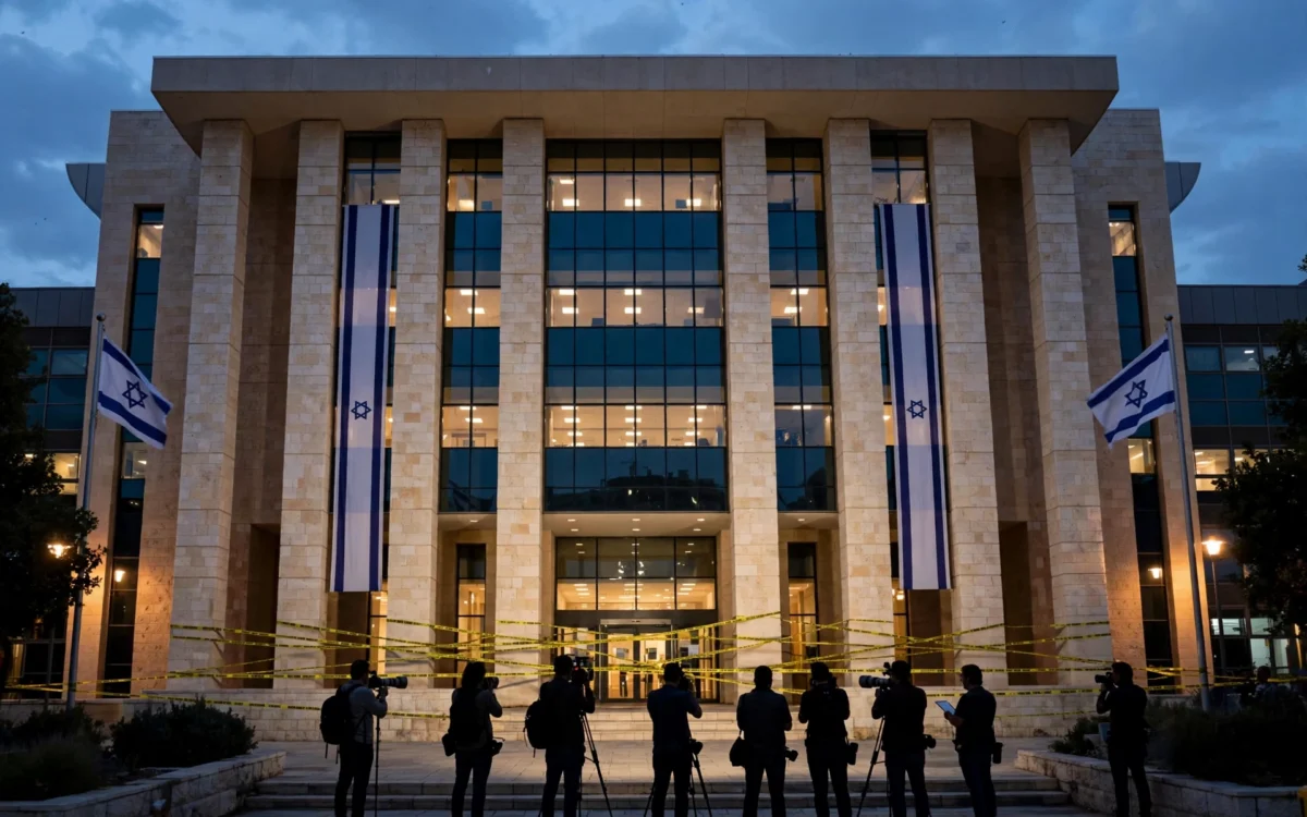 Israeli courthouse with flags at evening