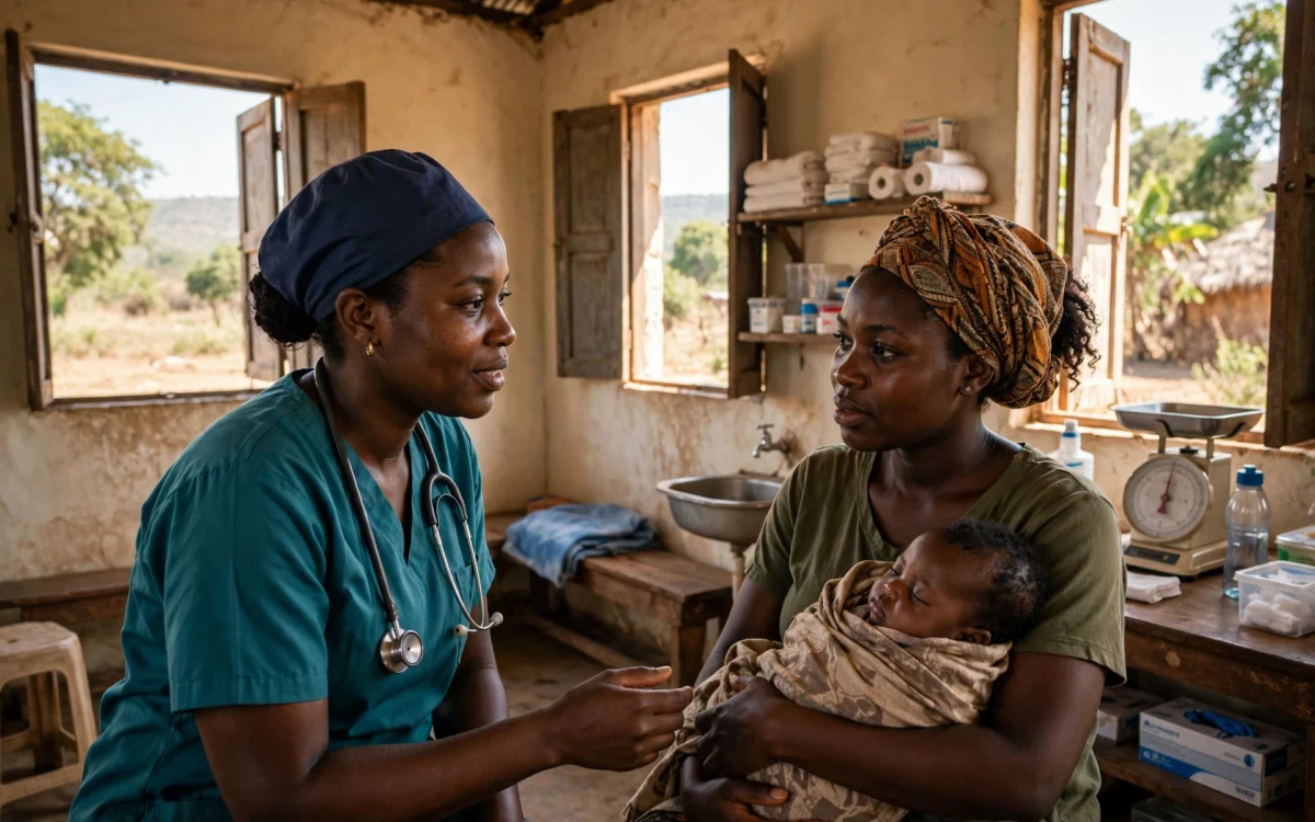A nurse with a mother and infant at a health clinic
