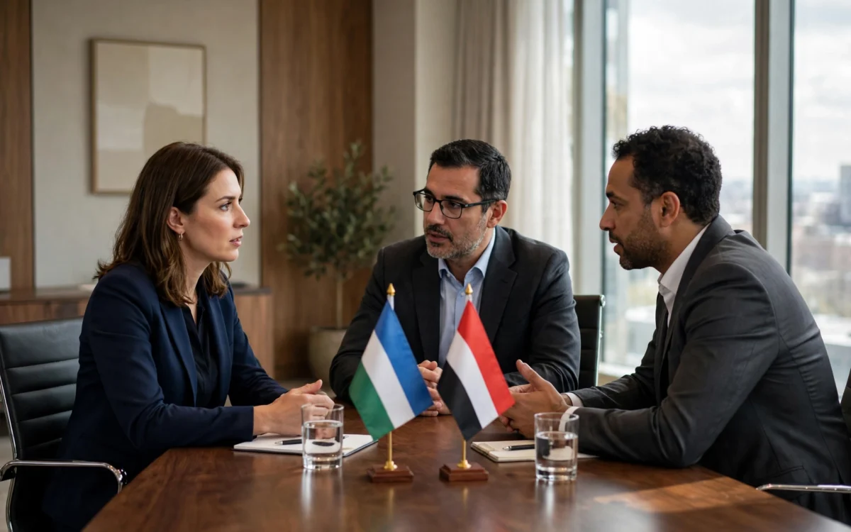 Diplomats seated at a conference table with flags