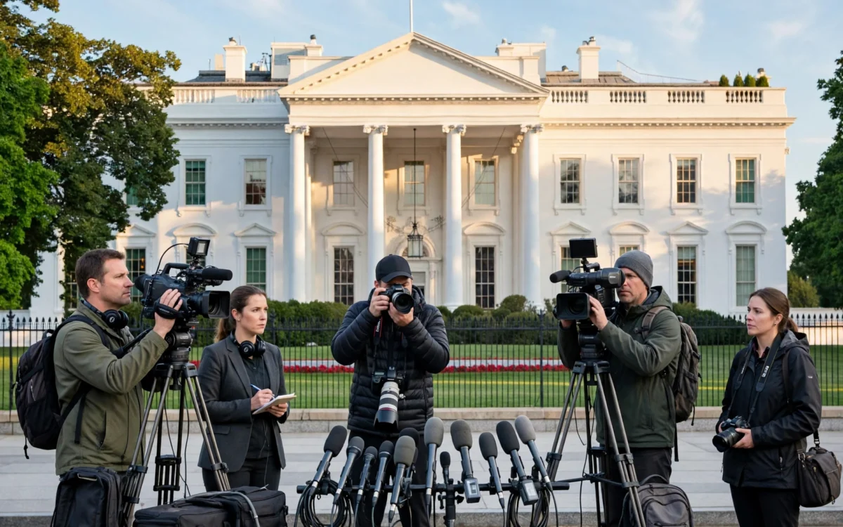 TV news cameras outside the White House amid the pool coverage dispute