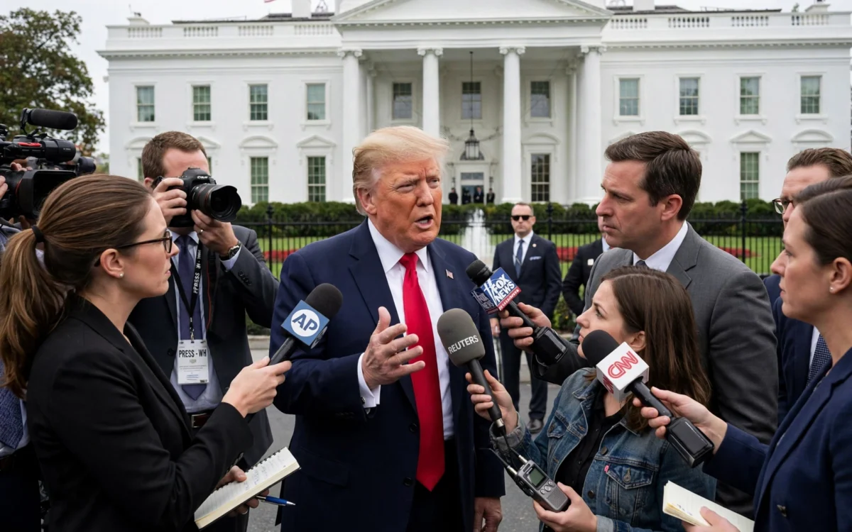 Donald Trump answering questions from reporters outside the White House