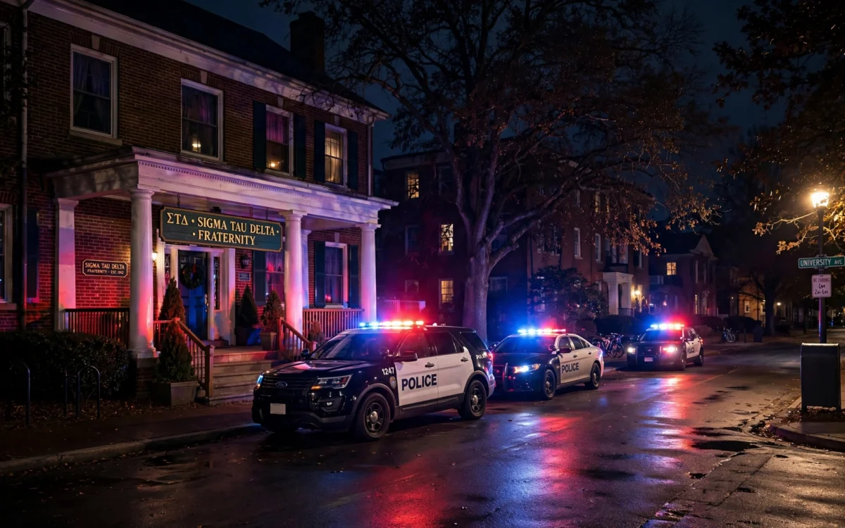Police outside a fraternity house in Madison after an alleged hazing incident