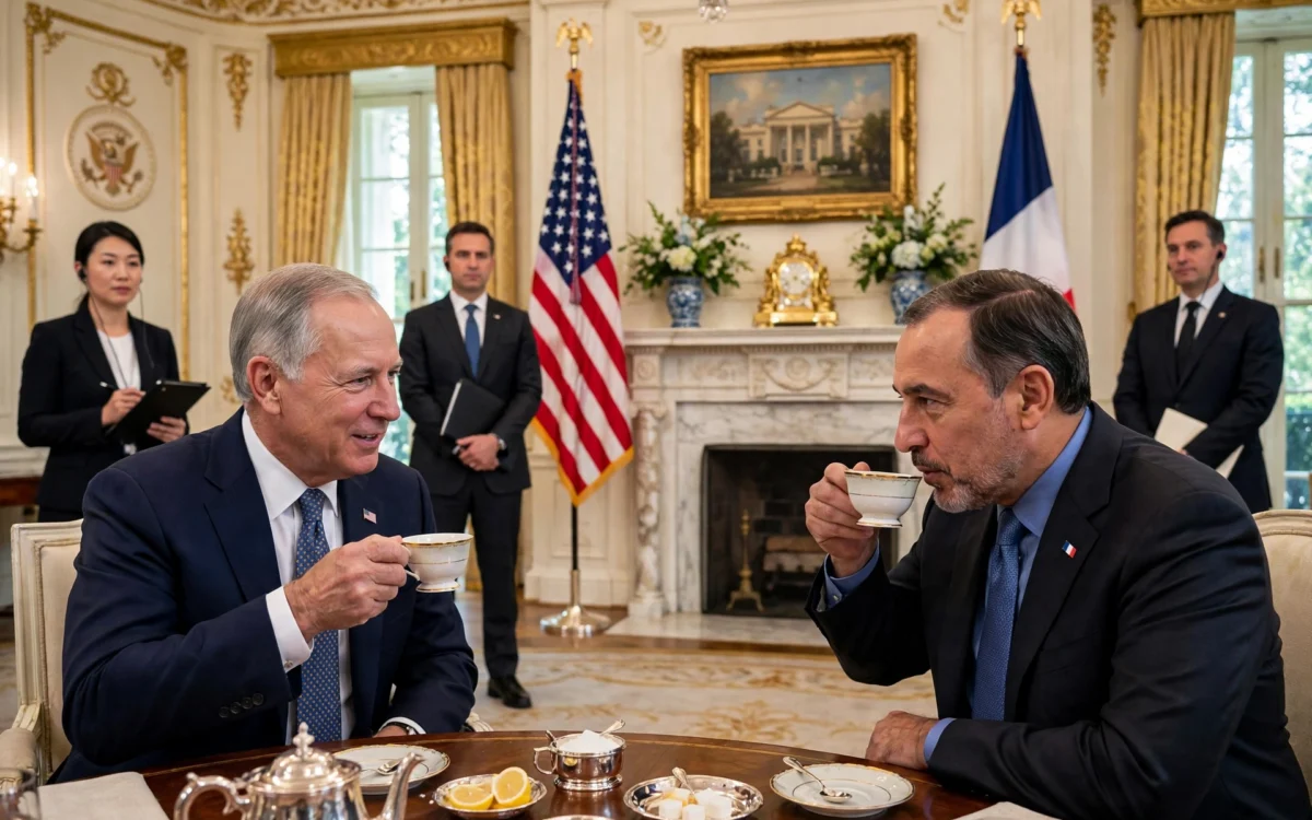 Donald Trump and Xi Jinping at a tea gathering during the Washington summit