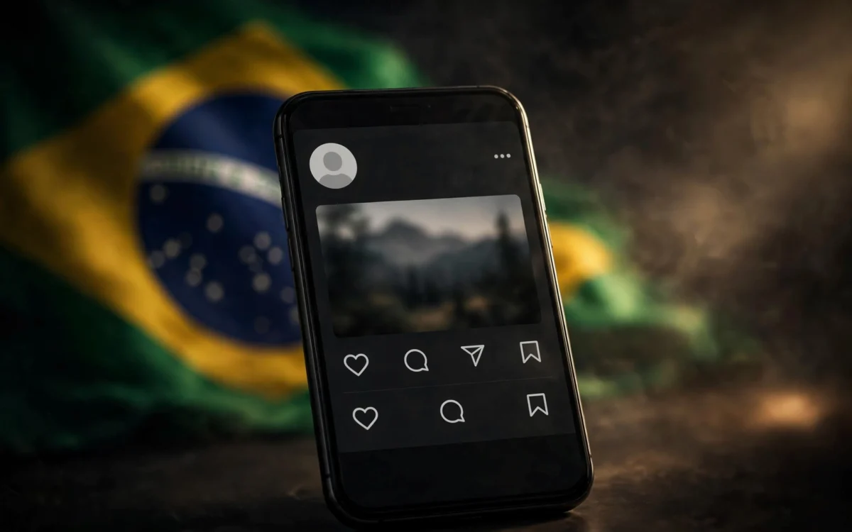 Smartphone with social media app and Brazilian flag in background