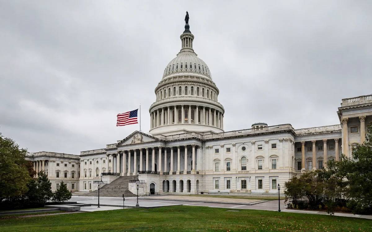 US Capitol building with American flag under overcast sky