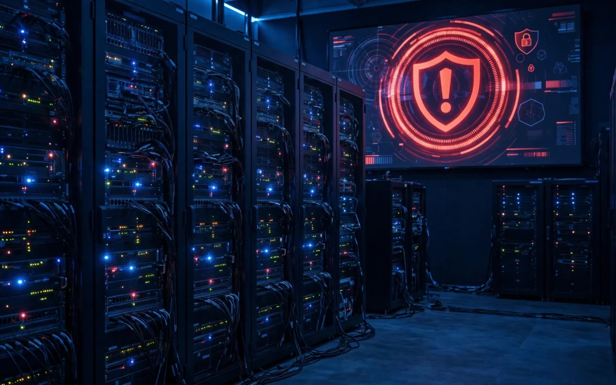 Server room with security alert on screen