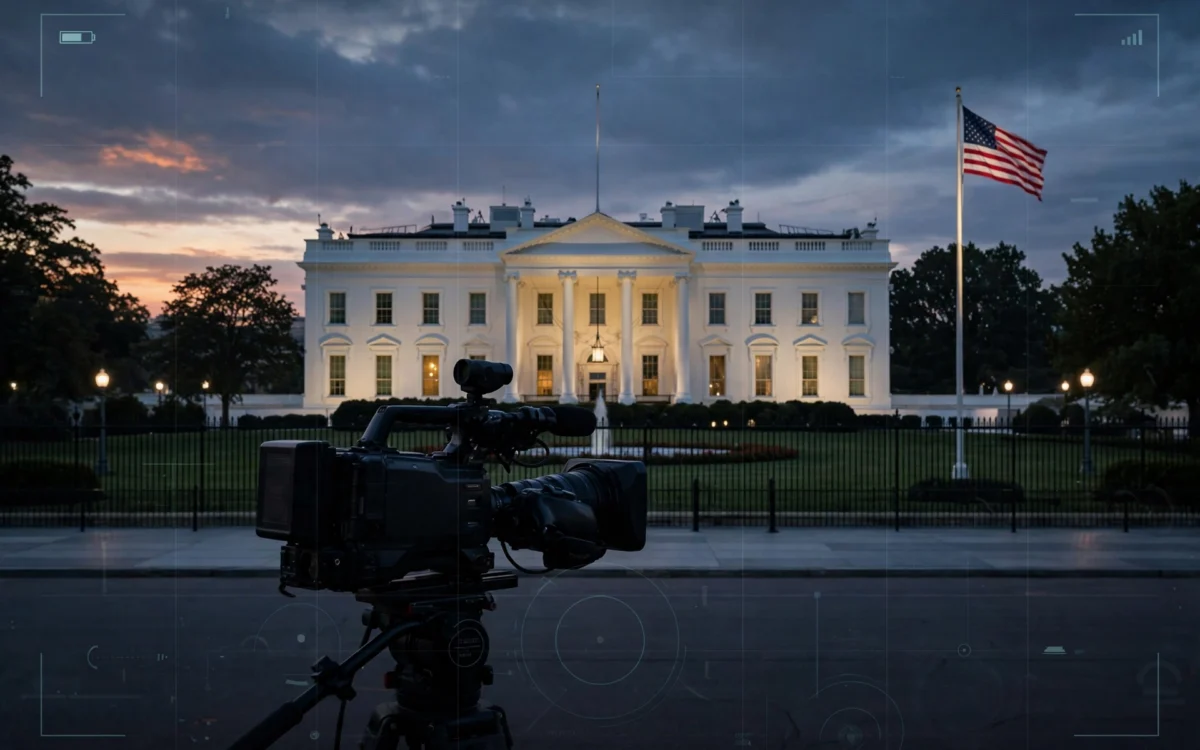 White House with broadcast camera concept for Trump TV trademark story