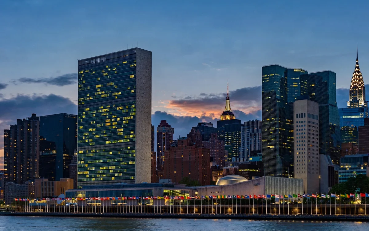 United Nations headquarters in New York City at dusk
