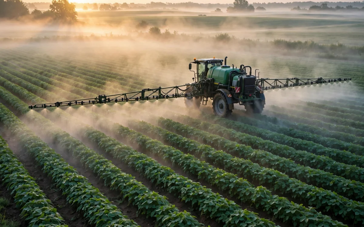 Agricultural sprayer applying pesticide over a crop field at sunrise