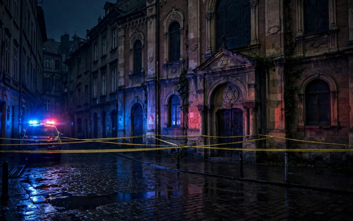 Police securing a street outside a synagogue in a European city at night
