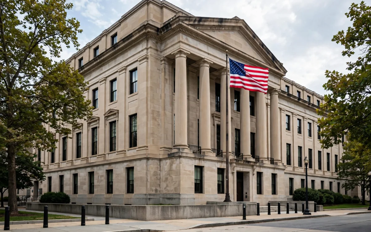 US federal government building with an American flag