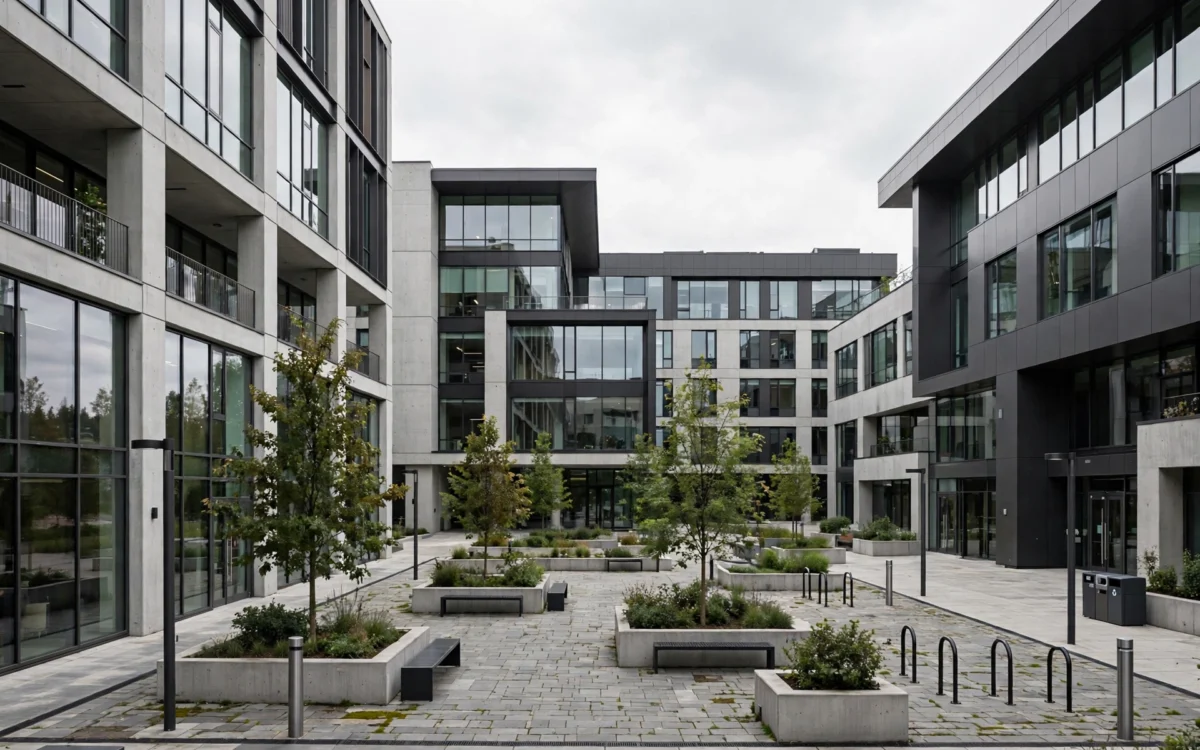 University campus courtyard surrounded by tall buildings