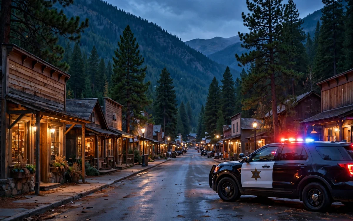 Sheriff patrol car in Big Bear Lake at dusk