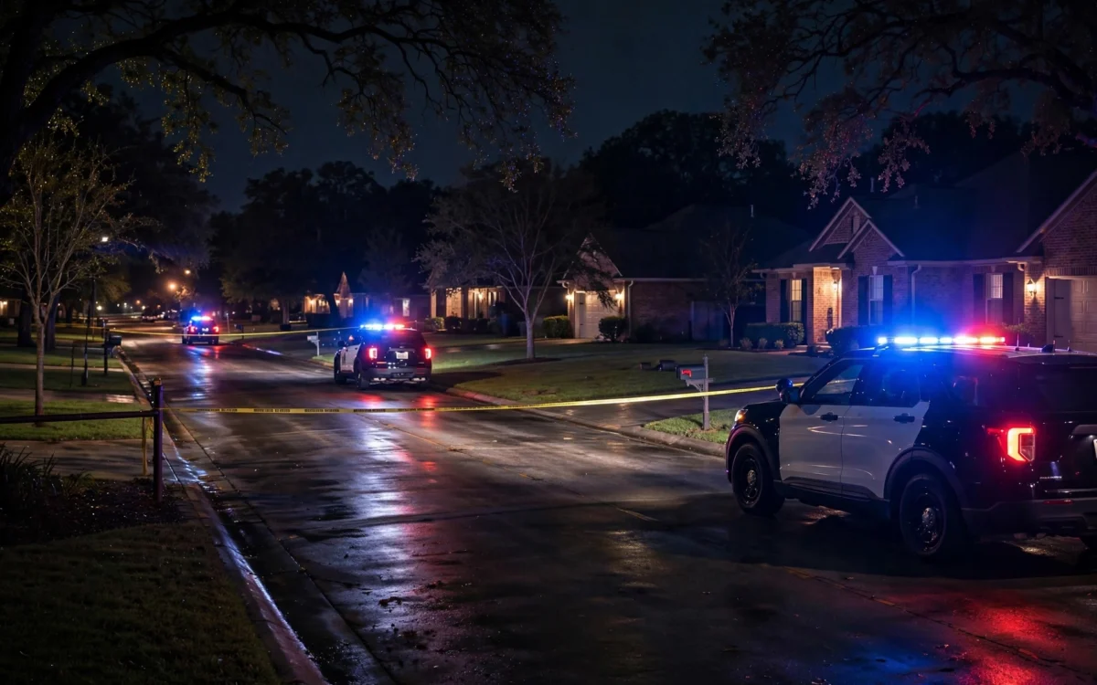 Police at a nighttime crime scene in Texas