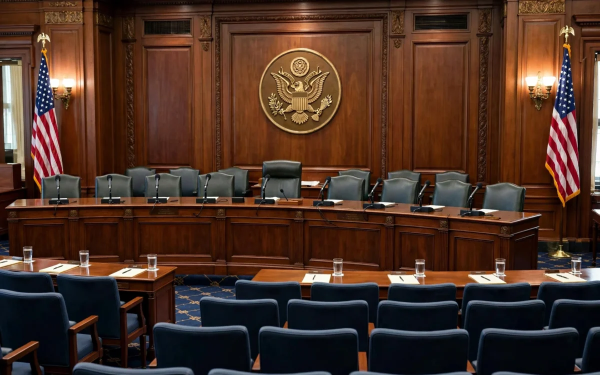 US Senate hearing room with microphones