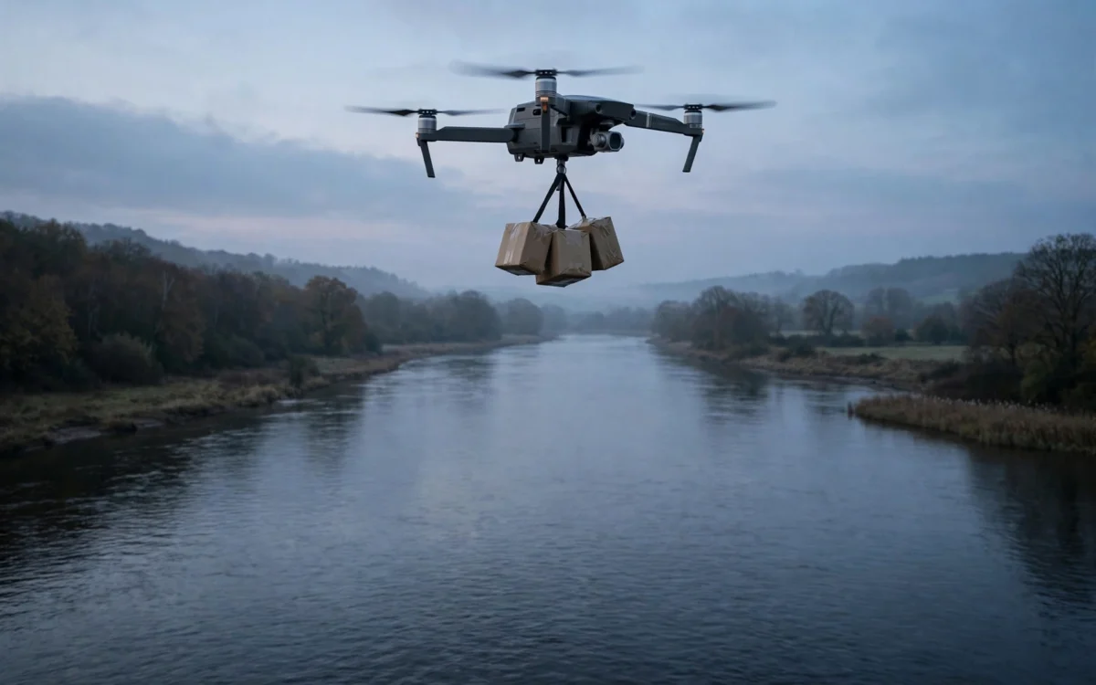 Drone carrying parcels over a river at dusk