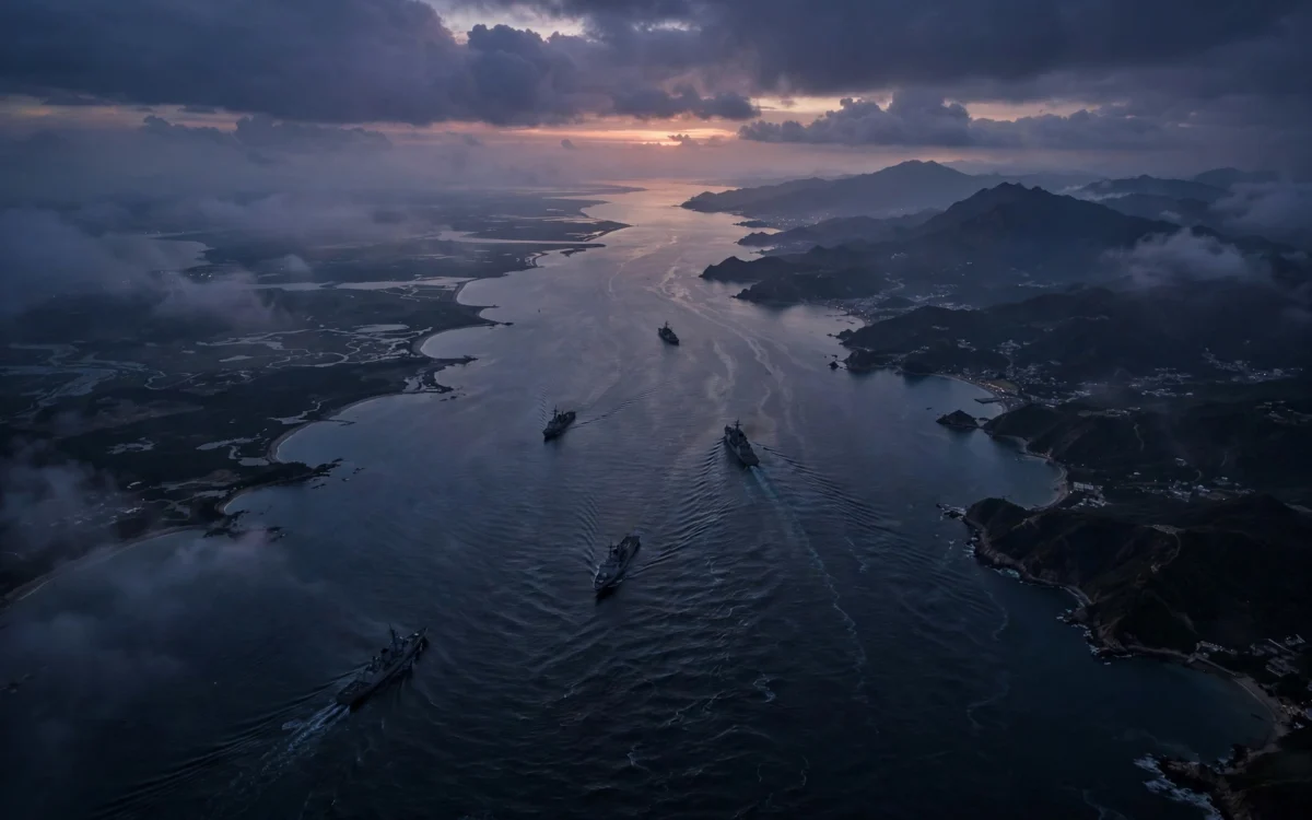 Taiwan Strait at dusk with ship silhouettes