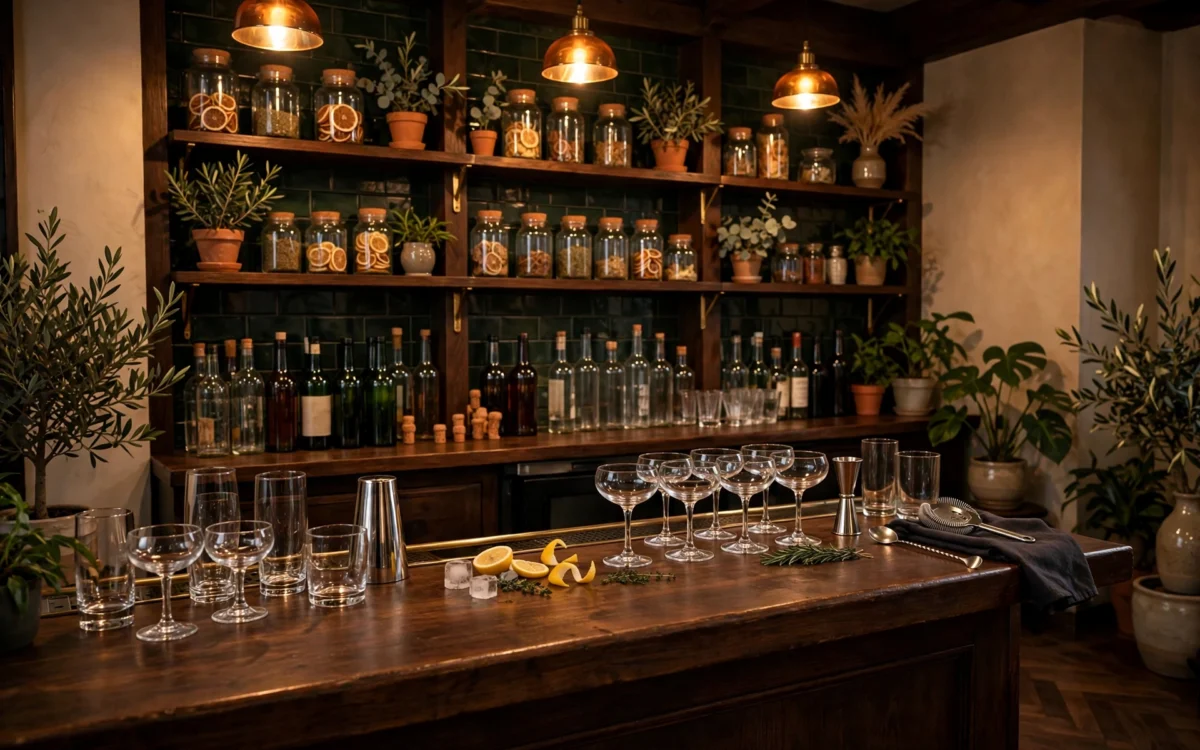 Craft cocktail bar interior with glasses