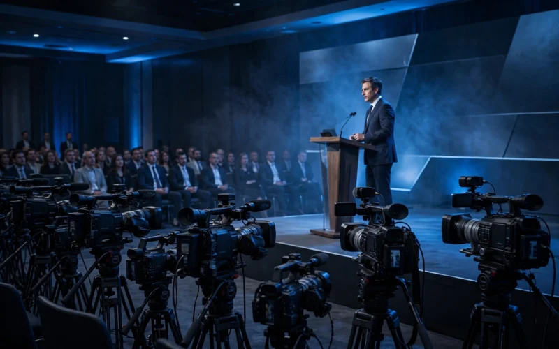 A tech executive speaking at a conference podium in front of press cameras