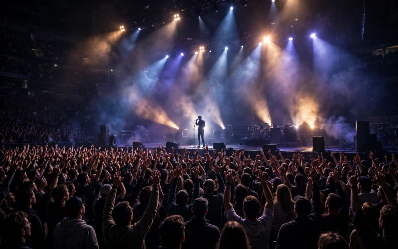 A packed concert arena during a live music tour