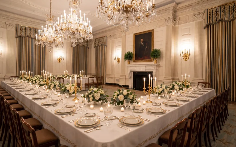 The White House state dining room set for a formal dinner