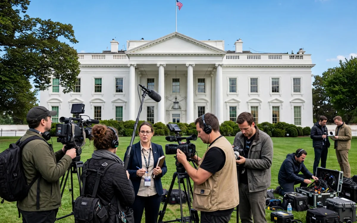 News cameras and journalists outside the White House