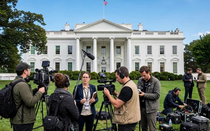 News cameras and journalists outside the White House