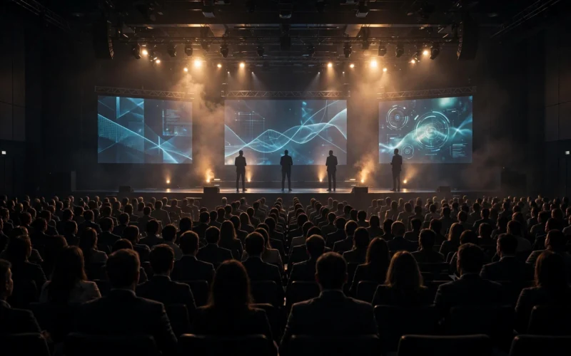A large Christian seminar event stage with an audience