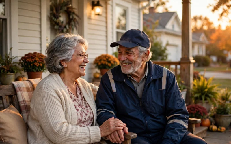 Elderly couple on their porch after receiving community support