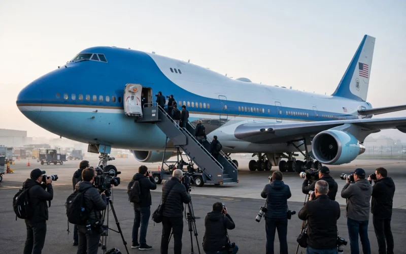 Air Force One on the tarmac with press crew