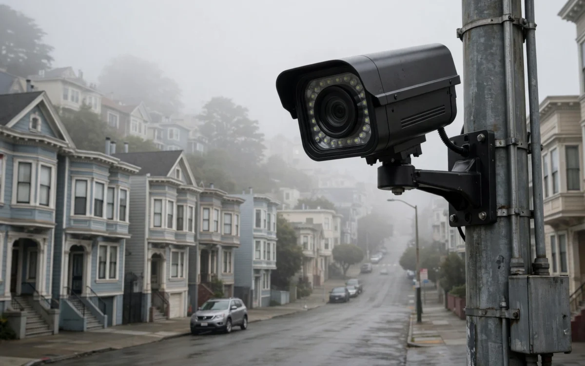 A Flock license plate reader camera on a San Francisco street pole