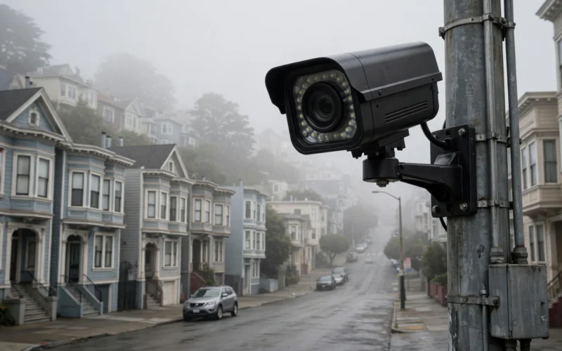 A Flock license plate reader camera on a San Francisco street pole