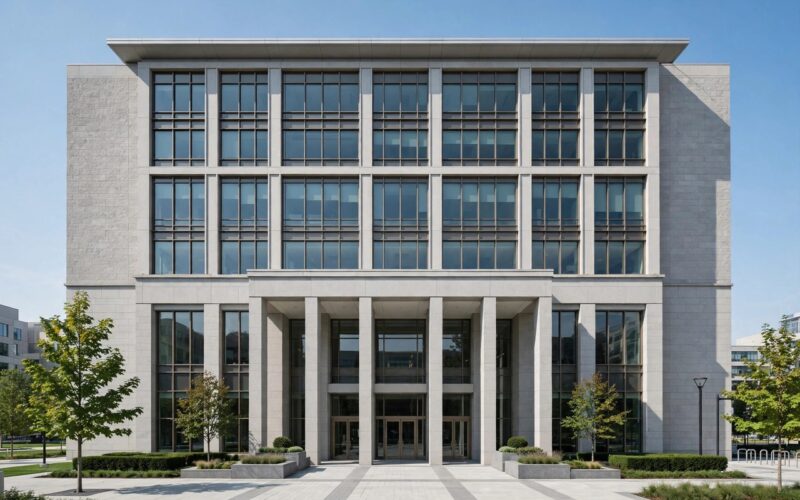 Glass office building facade of a government tax department