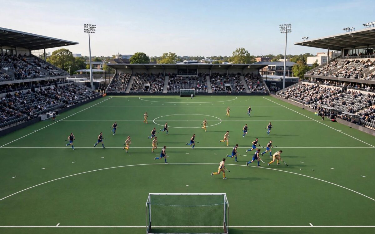 Field hockey players on a stadium pitch during a match