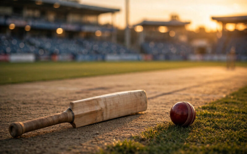 A cricket bat and ball on the pitch at sunset with blurred stadium stands behind.
