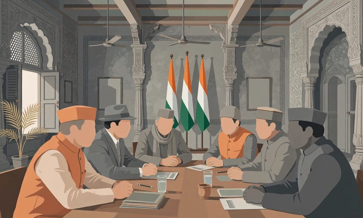 Editorial illustration of opposition leaders meeting at the Constitution Club in New Delhi
