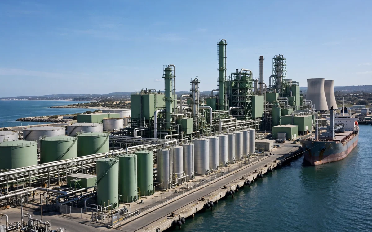 A large industrial plant at a coastal port with storage tanks and a ship docked nearby under a clear sky.
