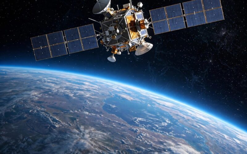 Satellite orbiting above Earth at dawn