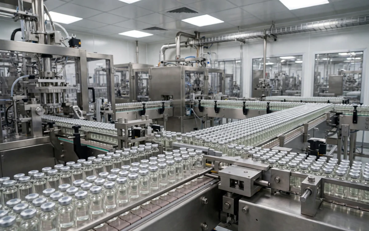 A pharmaceutical manufacturing facility with rows of medicine vials and automated production lines under bright lights.