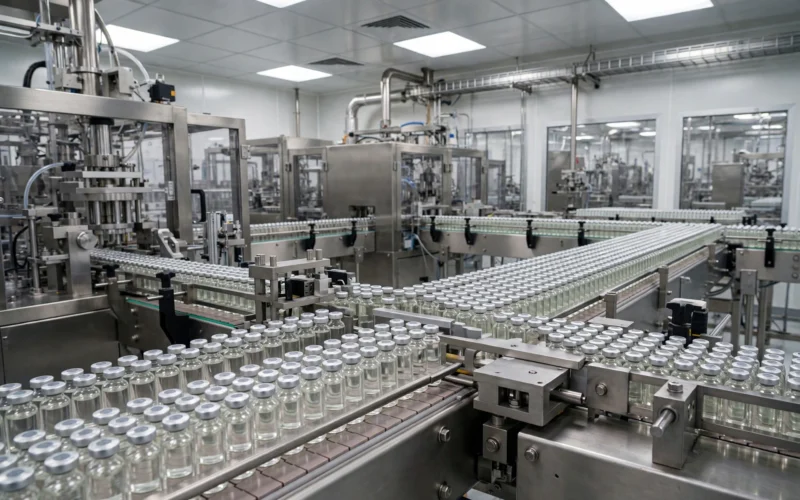 A pharmaceutical manufacturing facility with rows of medicine vials and automated production lines under bright lights.