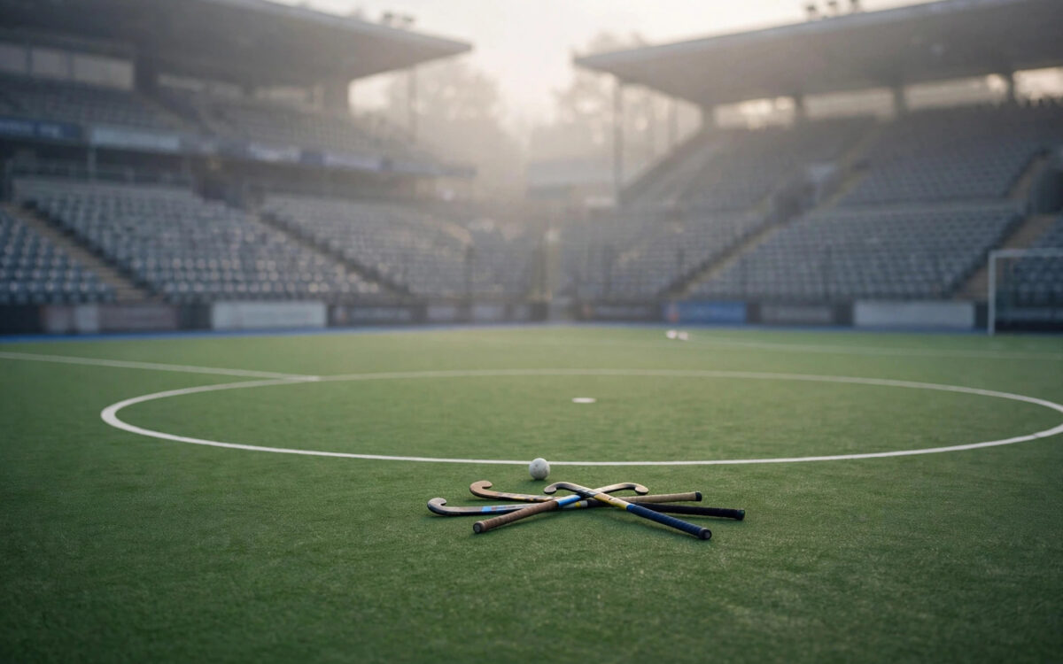 An empty hockey stadium with sticks and a ball on the green turf before a match.