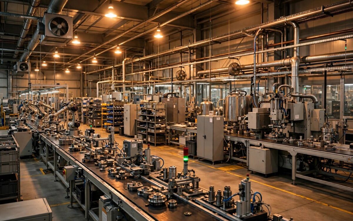 Assembly line workers and machinery inside a modern manufacturing factory