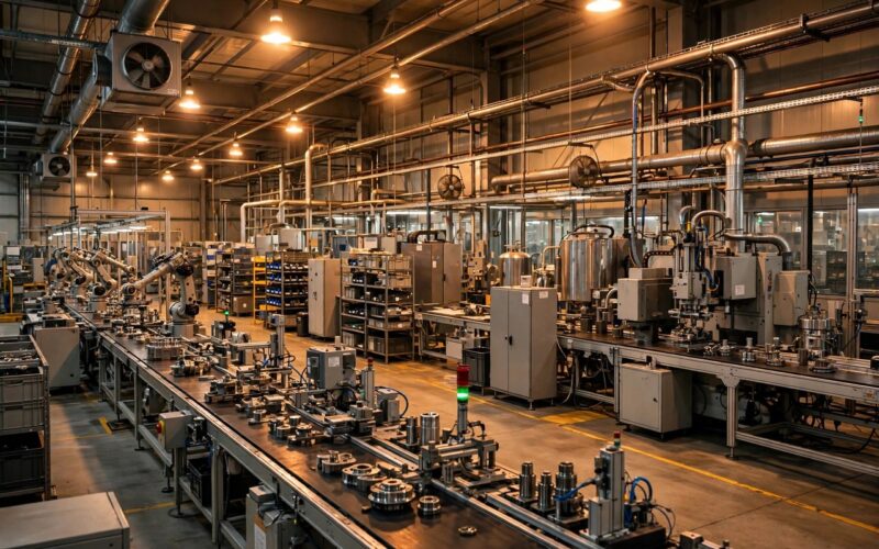 Assembly line workers and machinery inside a modern manufacturing factory