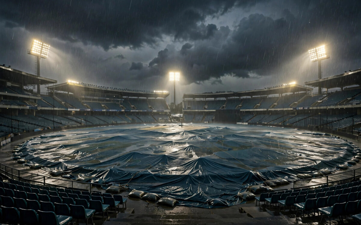 Rain-soaked empty cricket stadium under floodlights with the pitch covered.