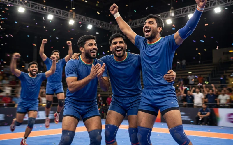 Women's kabaddi players celebrating gold medal victory
