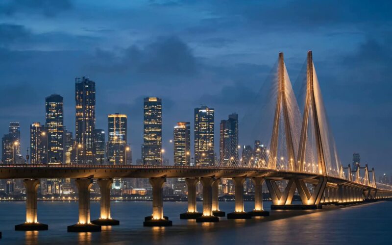 Glass corporate office towers in Mumbai at dusk