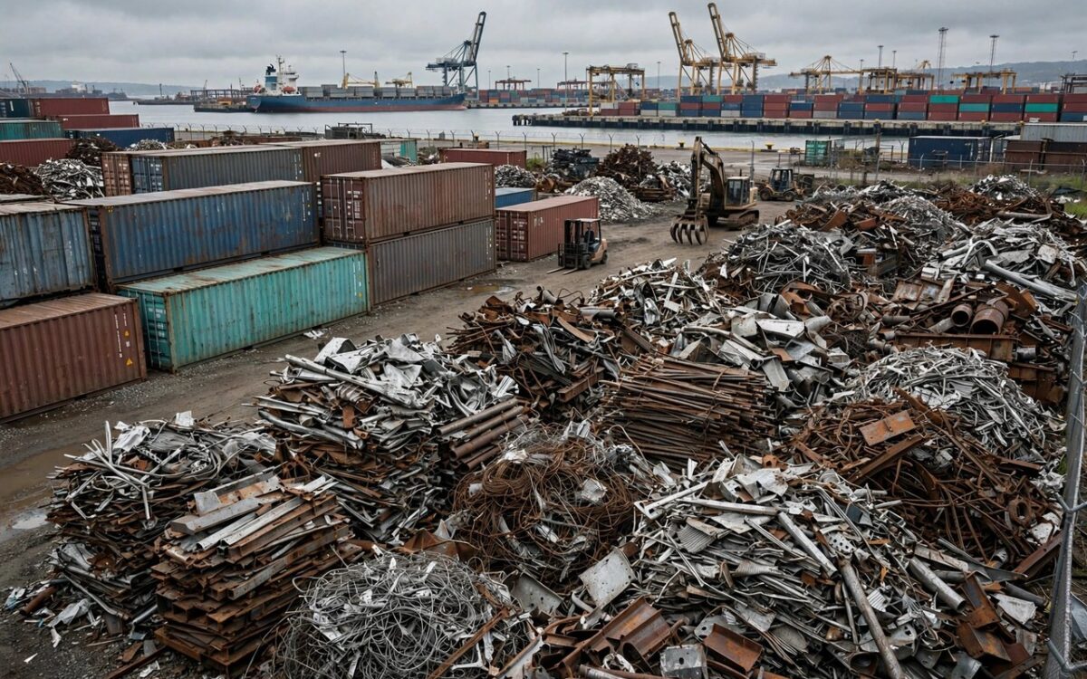 Stacks of metal scrap and shipping containers at a recycling facility
