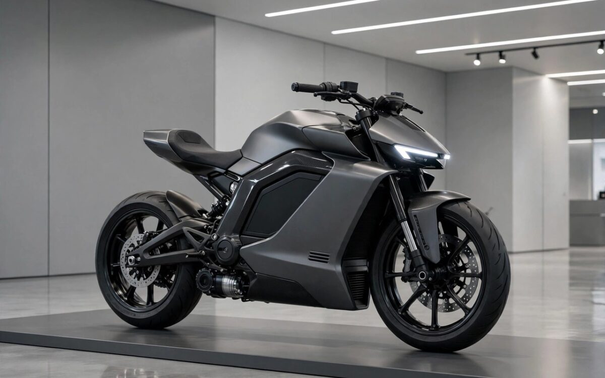 An electric motorcycle displayed in a modern showroom