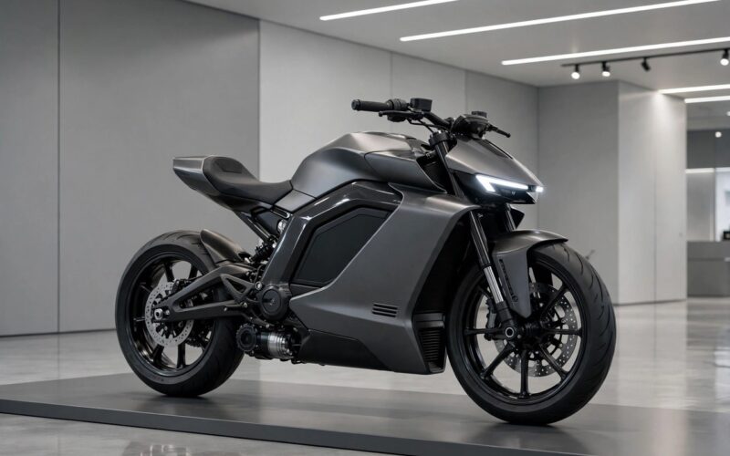 An electric motorcycle displayed in a modern showroom